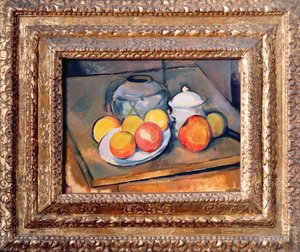 Met stro bedekte vaas, suikerpot en appels, 1890-93
